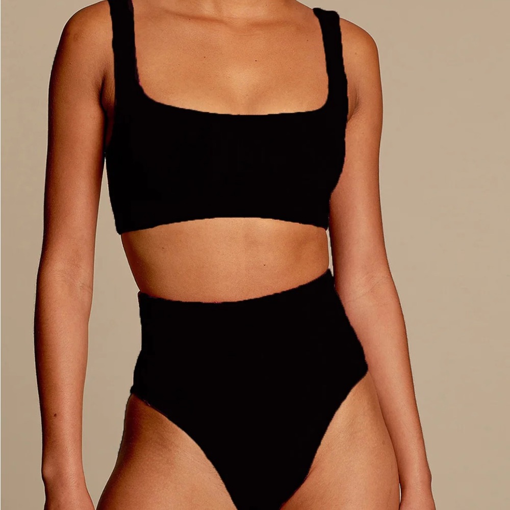 Hunza G Black Scoop Neck Crop Bikini Top with High Waist Bottom